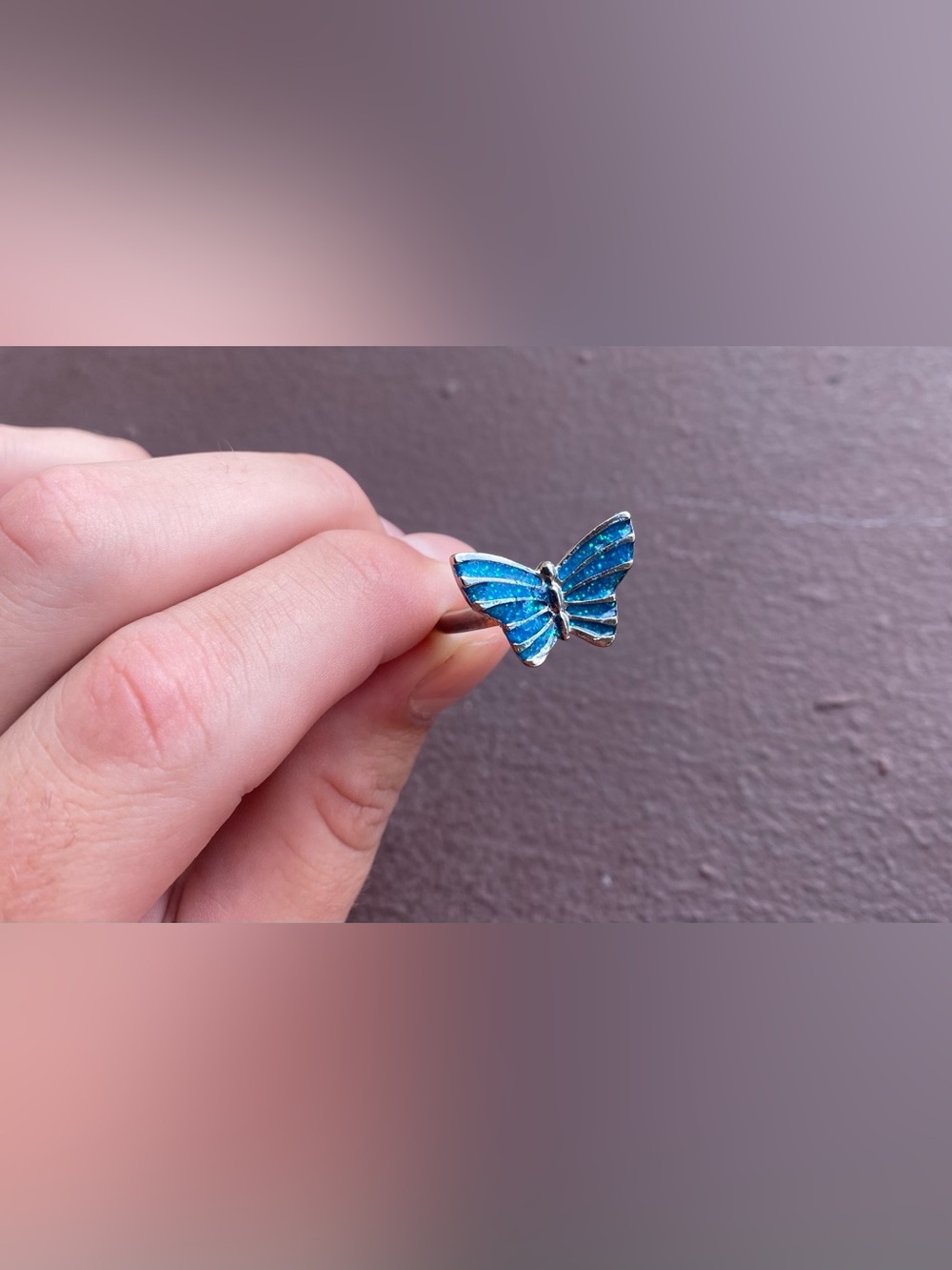 Blue Butterfly Imitation Opal Stainless Steel Ring Size 9.5